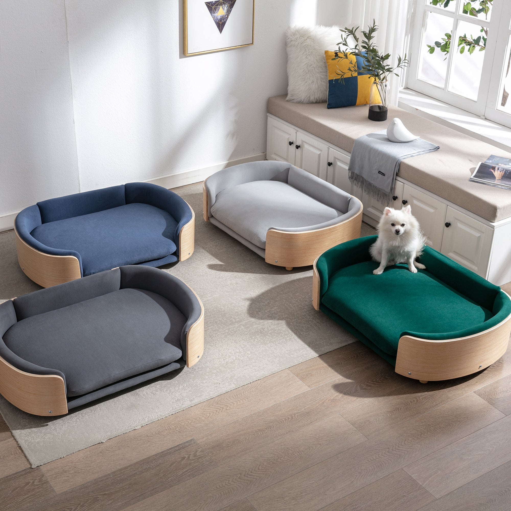 Style scandinave Lit de chien élevé Canapé pour animaux avec pieds en bois massif et dos en bois bent