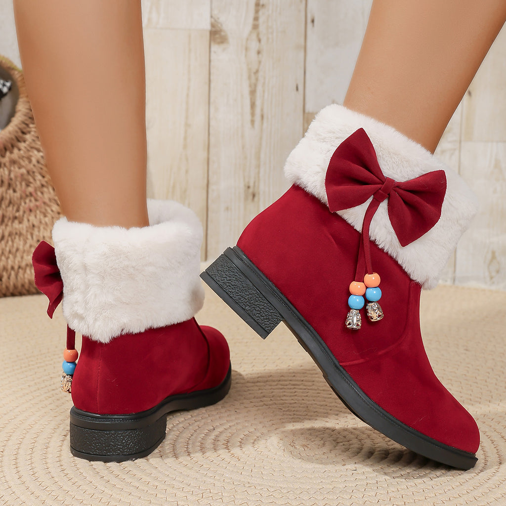 Bottes de neige d'hiver Femmes Arrivée en stock Épaisseur de sol Bow orteil rond Calf moyen épais Faux