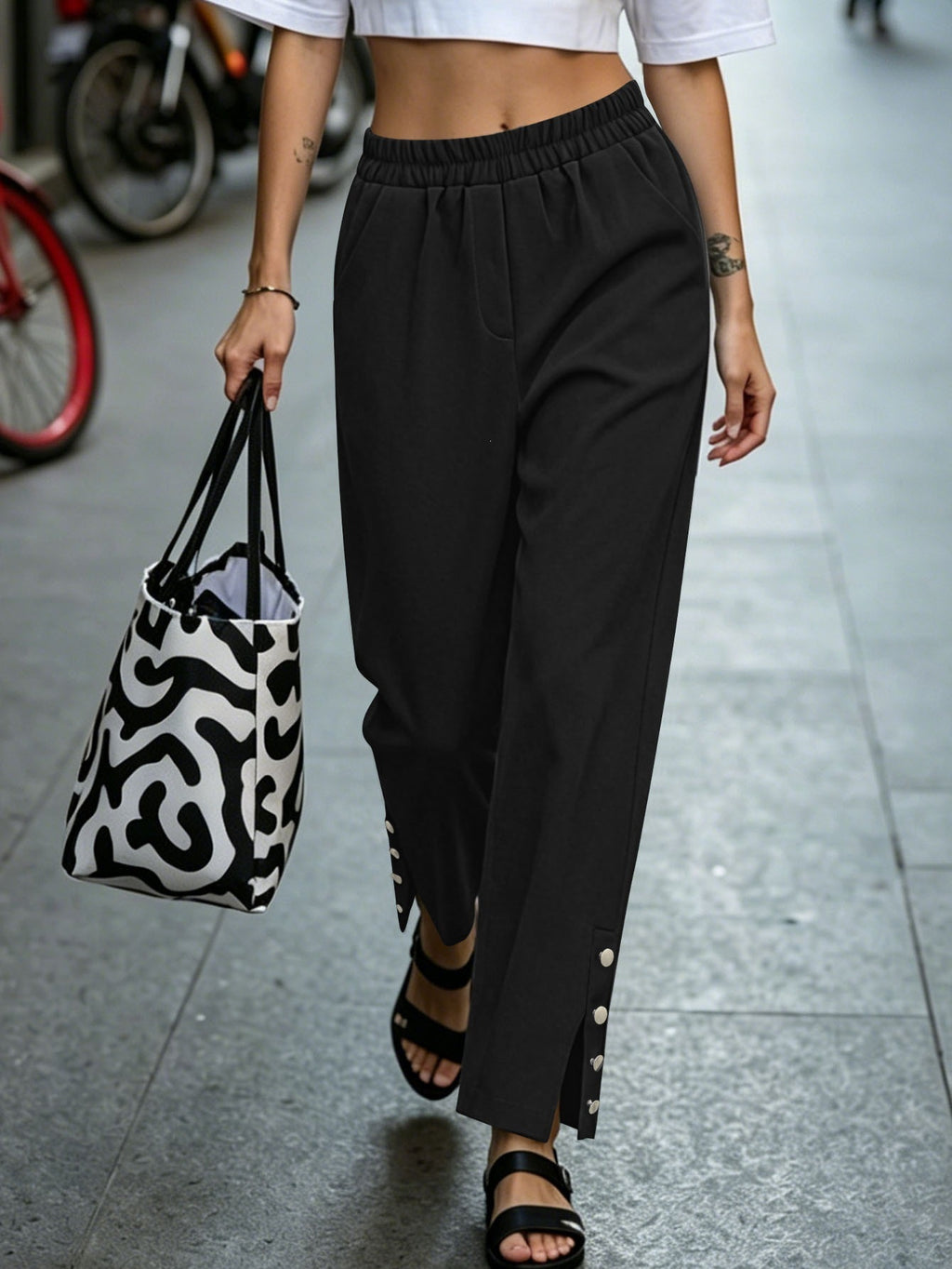 Site indépendant European and American Foreign Trade Elastic Waist Croped Straight-leg Tr
