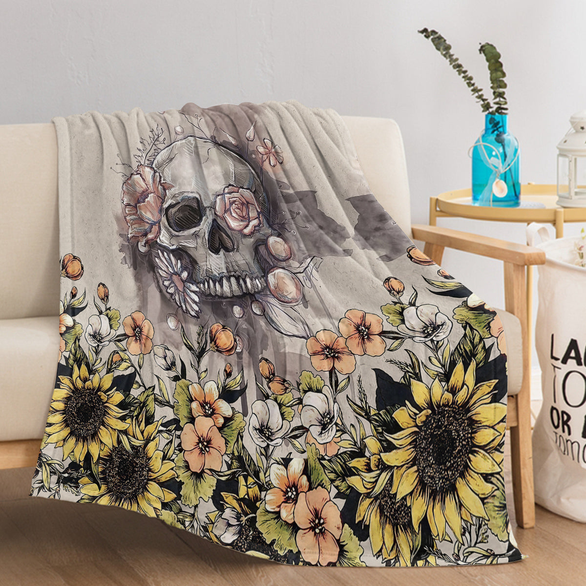 Skull Flannel Blanket Sunflower Skull Pattern Blanket Soft Beige Blanket for C