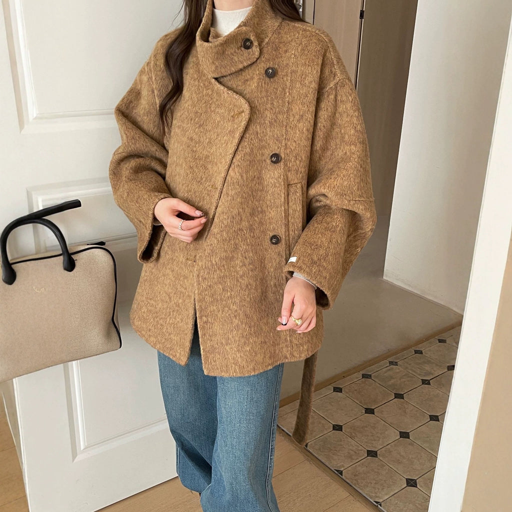 Dentelle Dentelle mi-longueur Double face Laine Coat Femme Laine Vêtements de dessus