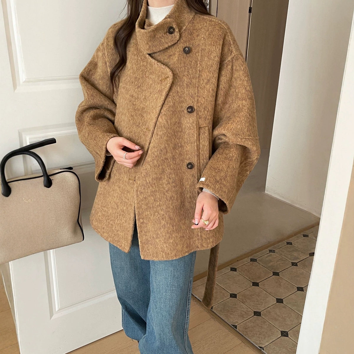 Dentelle Dentelle mi-longueur Double face Laine Coat Femme Laine Vêtements de dessus