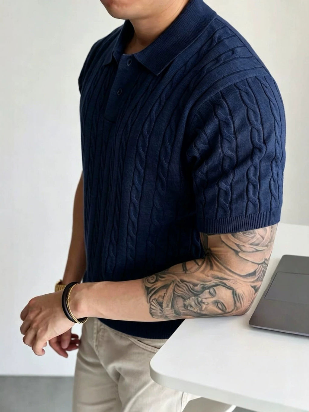 Chemise Polo en tricot de câble Hommes manches courtes T-shirt tricoté casual