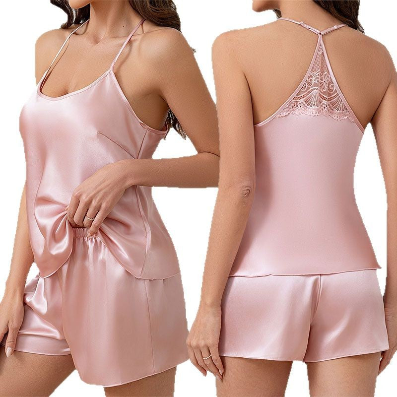 Ensemble de vêtements de salon en dentelle de couleur solide pour femmes en pyjama casual en soie