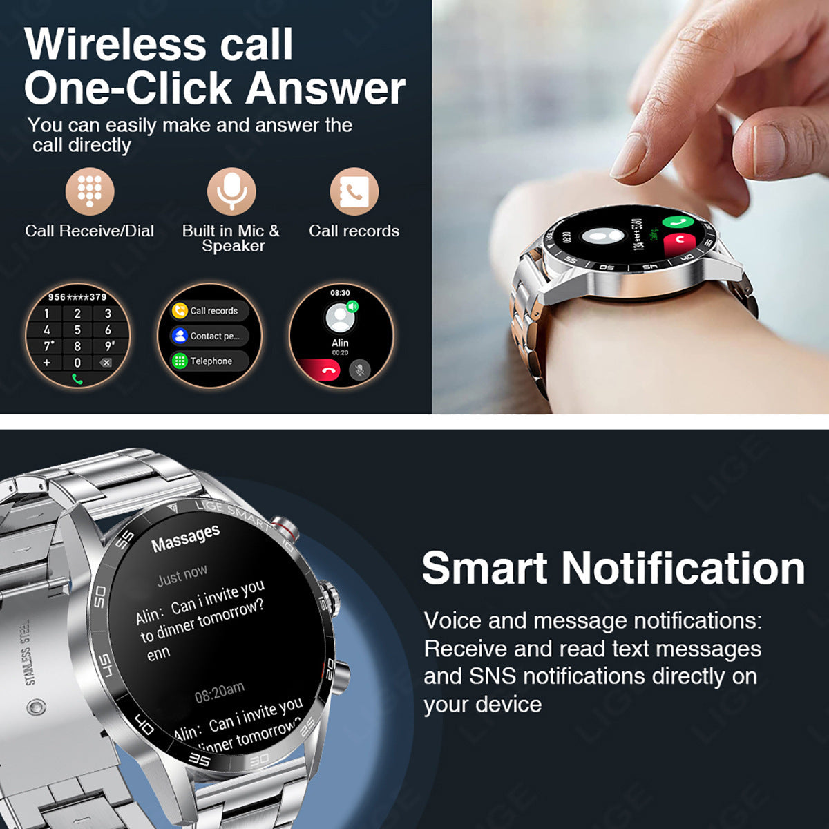 Smartwatch Bluetooth multifonctions pour les hommes avec pression artérielle et surveillance de la fréquence cardiaque