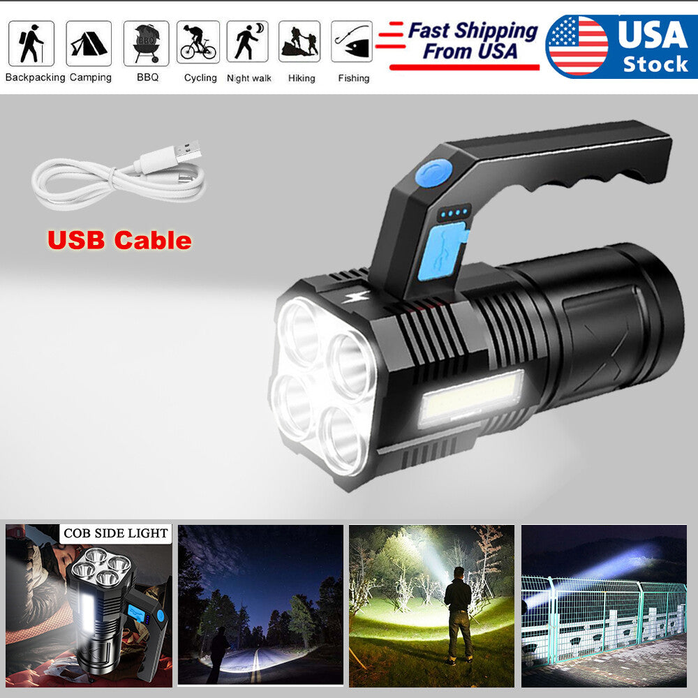 USB LED Flashlight Rechargeable Torch COB Spotlight Camping Light Emergency Lamp 4 Modes W