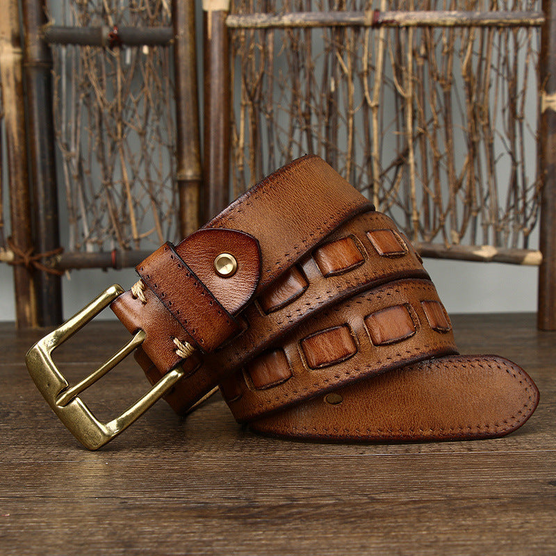 Ceinture Retro Homme en cuir véritable avec boucle en laiton