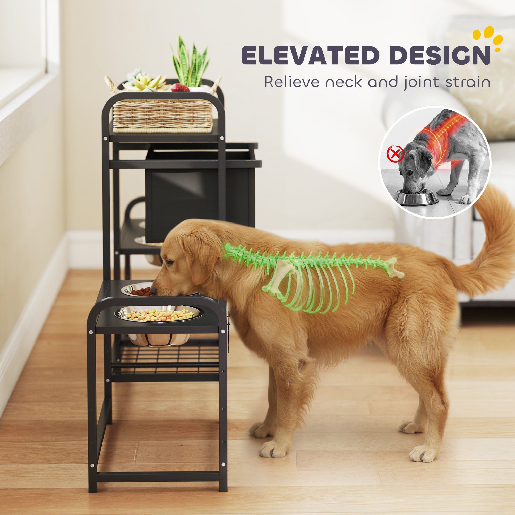 3 hauteur réglable chien Bowl Stand avec 2 stations d'alimentation