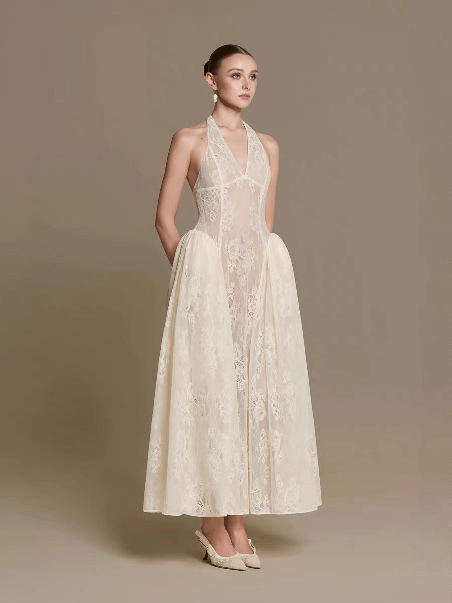 Halter V Collier Robe de Dentelle Florale Midi Mariée
