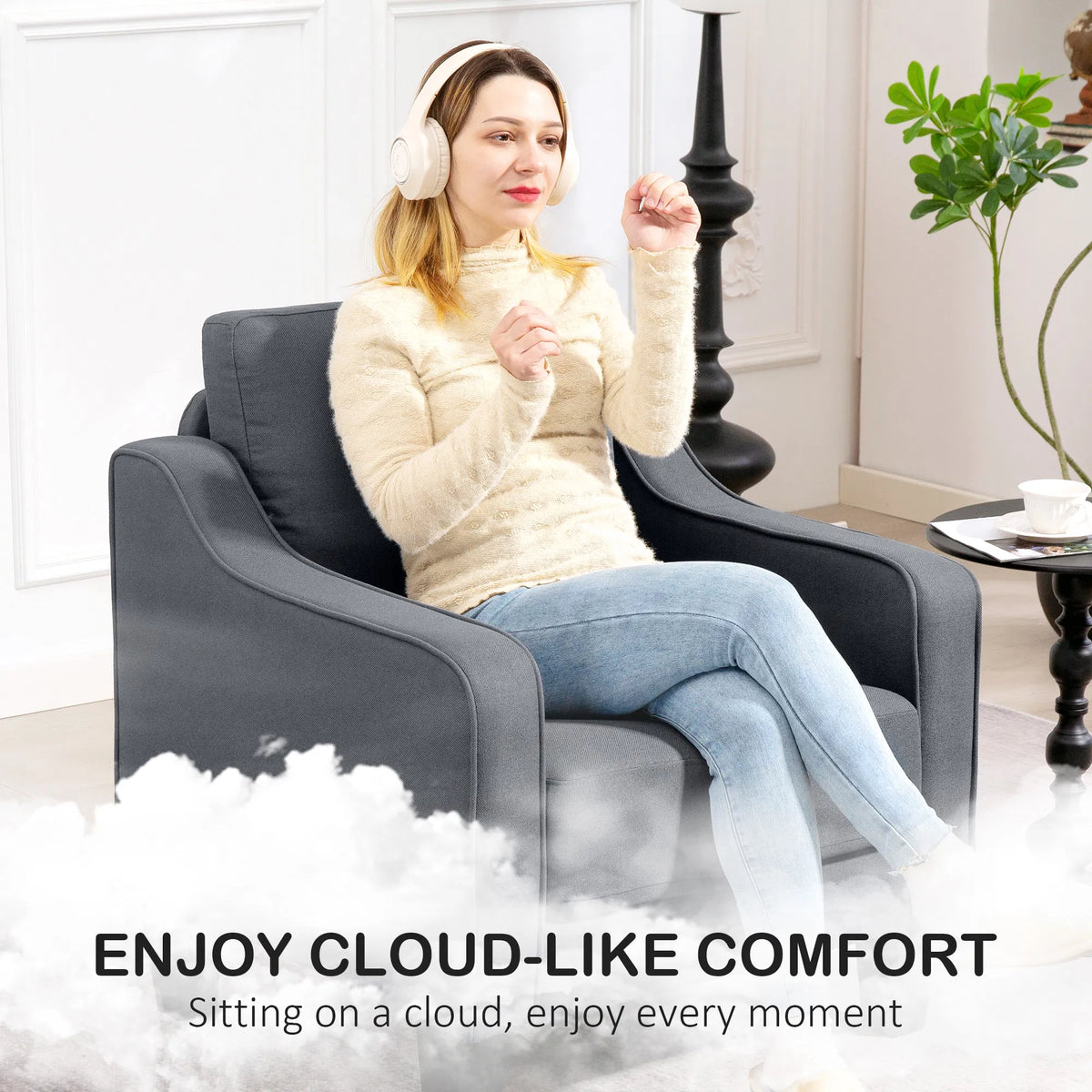 Fauteuil, Chaise Accent Moderne avec ressort de poche, Linge rembourré, épais rembourré, Charcoa
