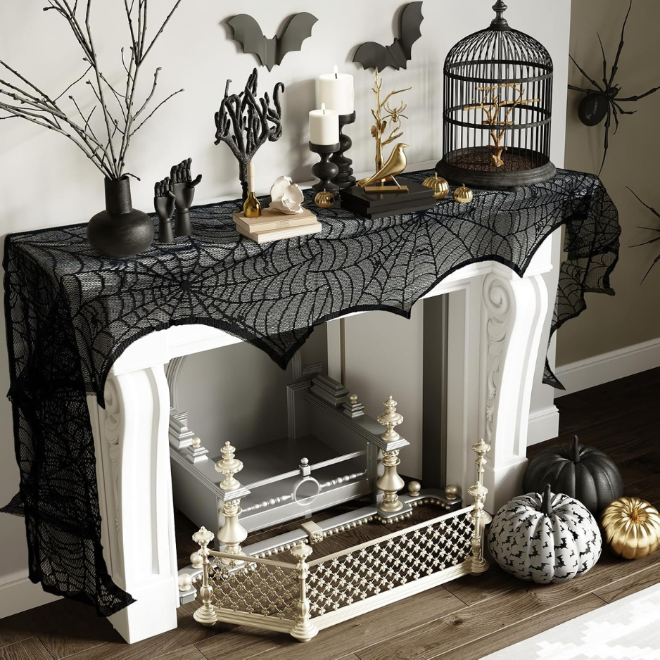 Dentelle noire Spiderweb cheminée manteau couverture écharpe 18 X 96 Spooky Halloween Cobweb Table Ru