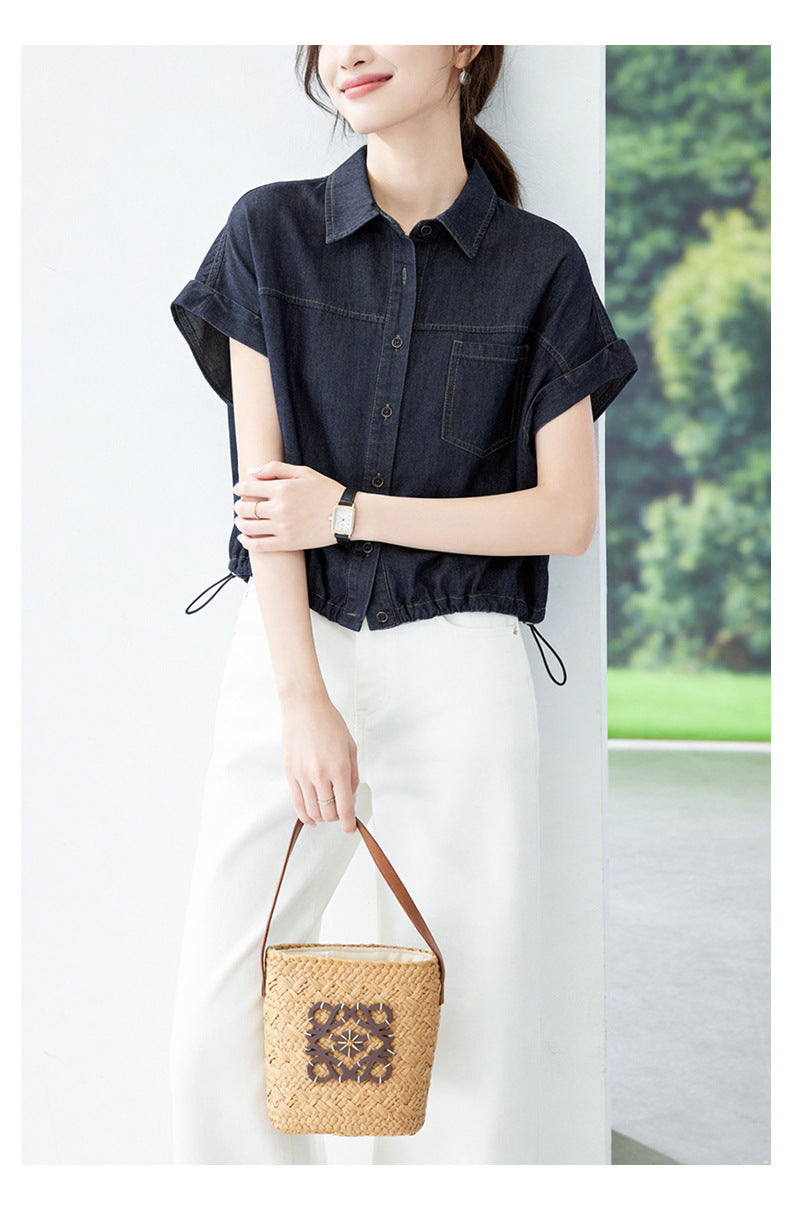 Drawstring Shirt Women's Relaxed-fit Versatile Crop Top Jacket