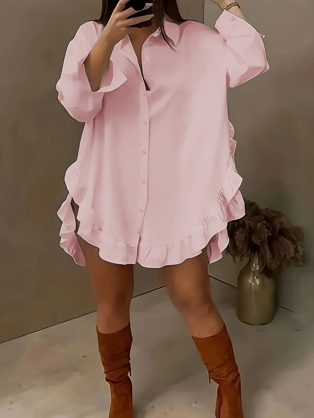 Chemise à l'ourlet de feuille de lotus en couleur solide pour femmes