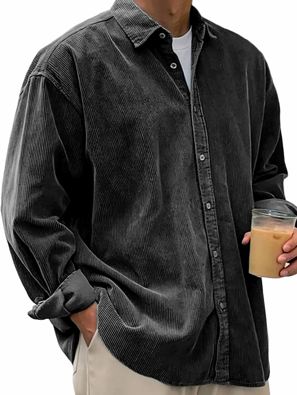 European And American Men's Casual Loose Solid Color Corduroy Lapel Shirt Indépendant Site