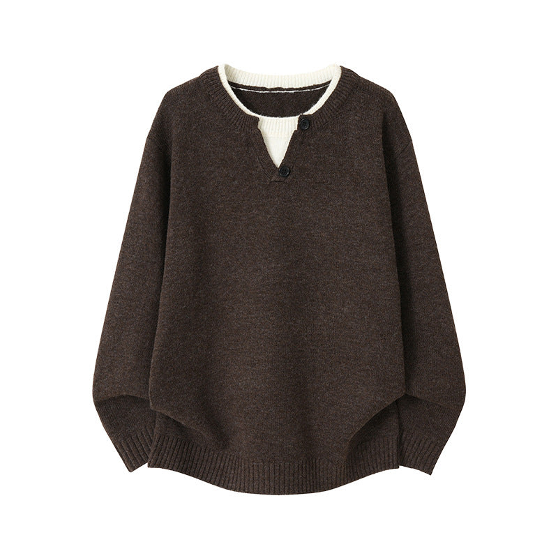 Hommes Mock deux pièces V-Neck Sweater rond-Neck