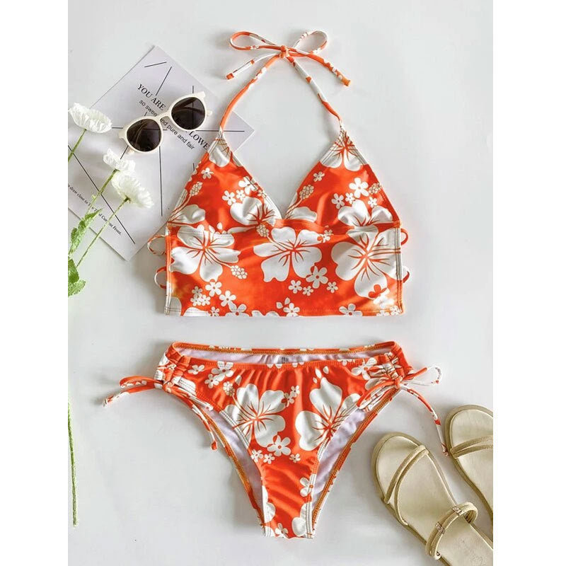 Maillot de bain en bikini à haute hauteur imprimé floral féminin