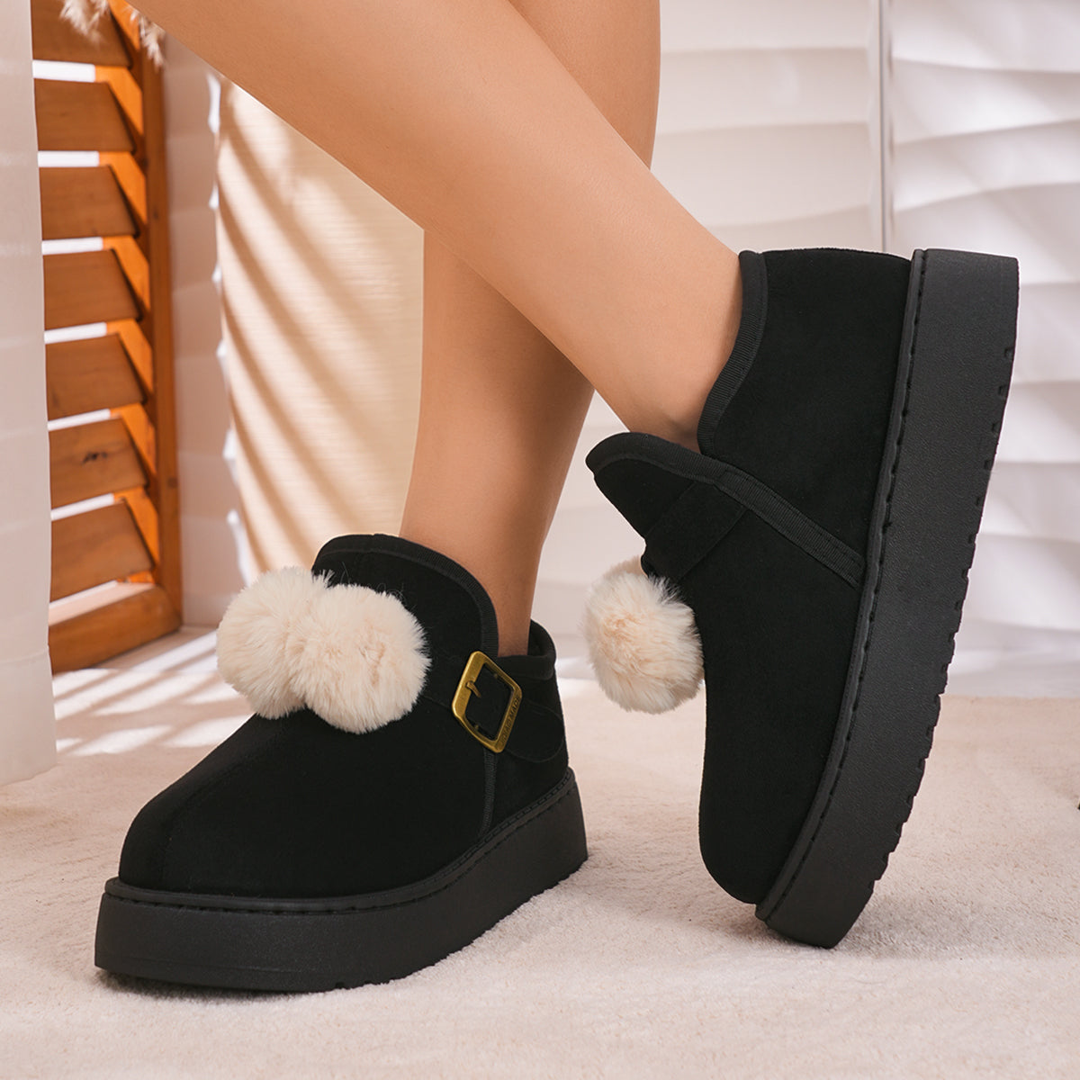Bottes de neige Femmes Winter Fleece doublé coton rembourré Slip sur coton Chaussures Platform Buckle Be