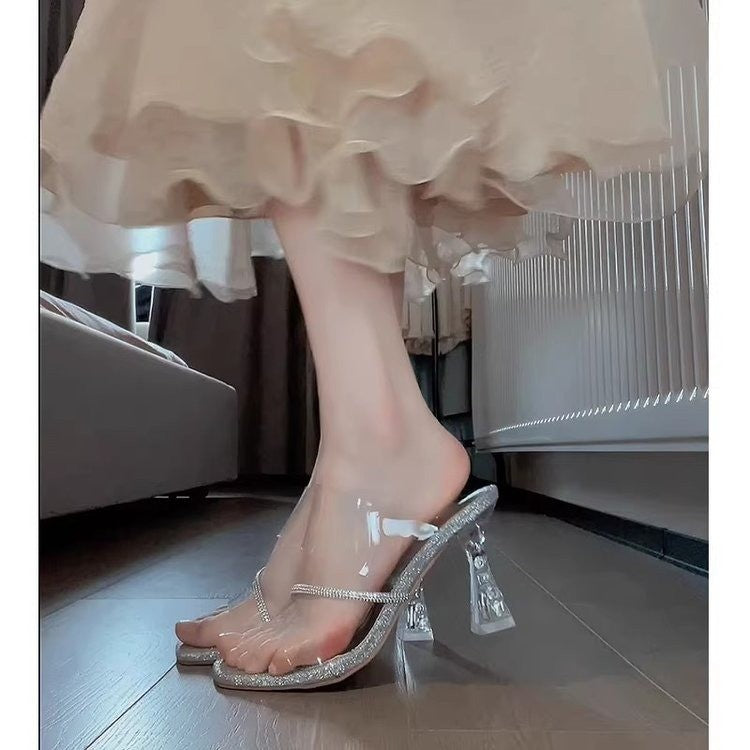 Style Fée Élégant Été Haut Talons Square Toe Strass Diapositive Sandales Ouvert Toe Versati