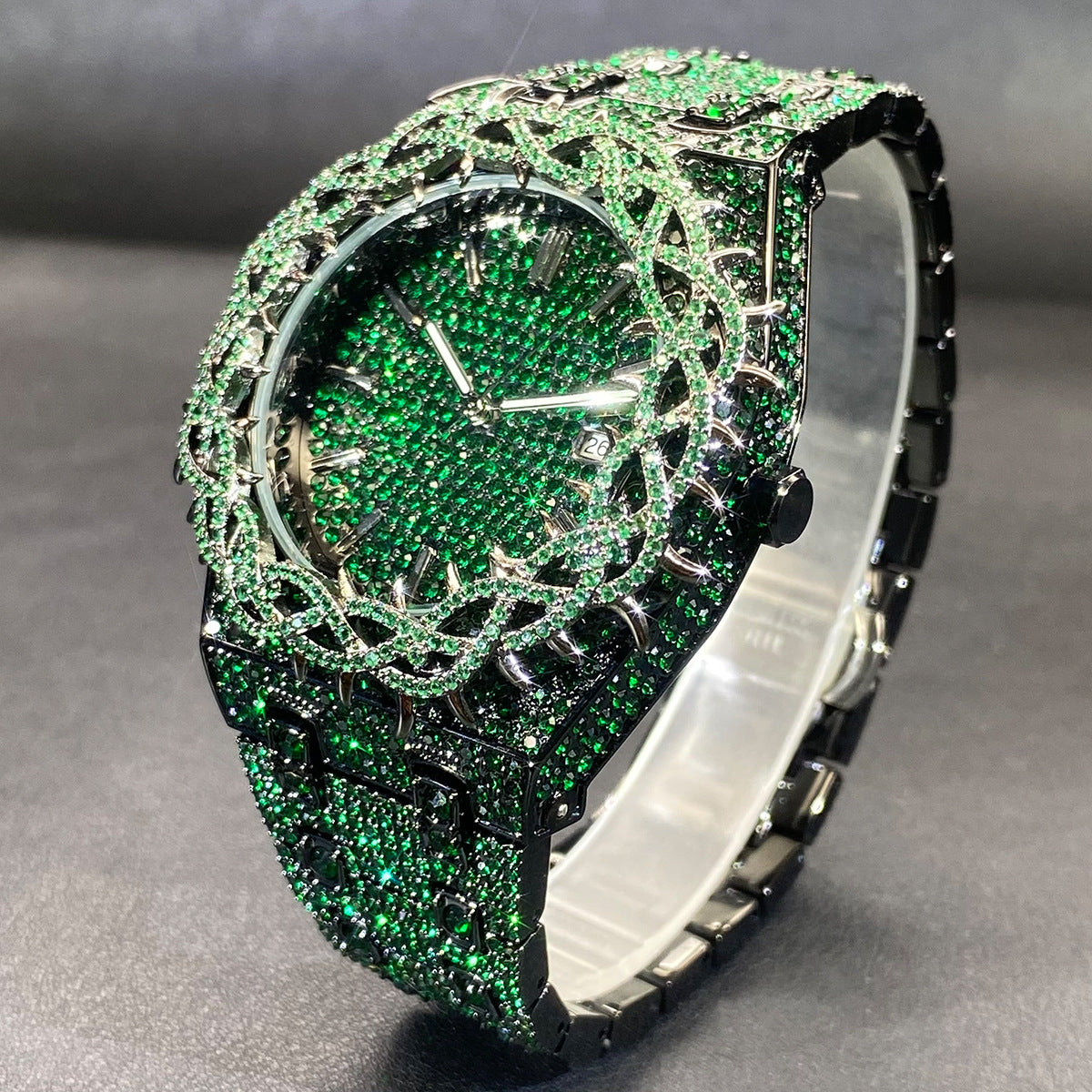 Men's Hip-Hop Watch with Green Zircon Inlays