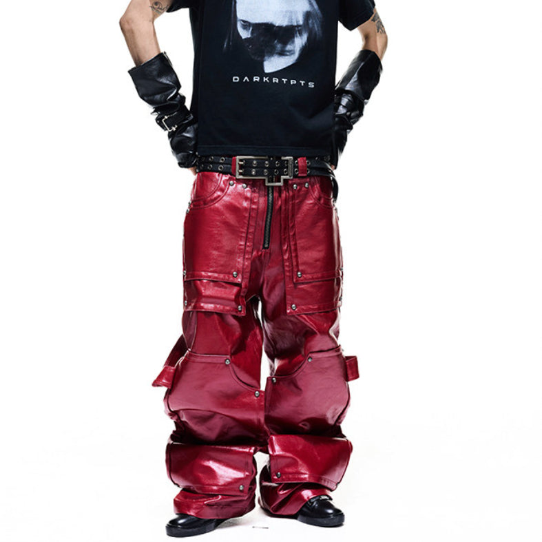 Rouge Plaqué en métal liquide Tridimensionnel sur mesure Rivet-détails Pantalon de bois de bois