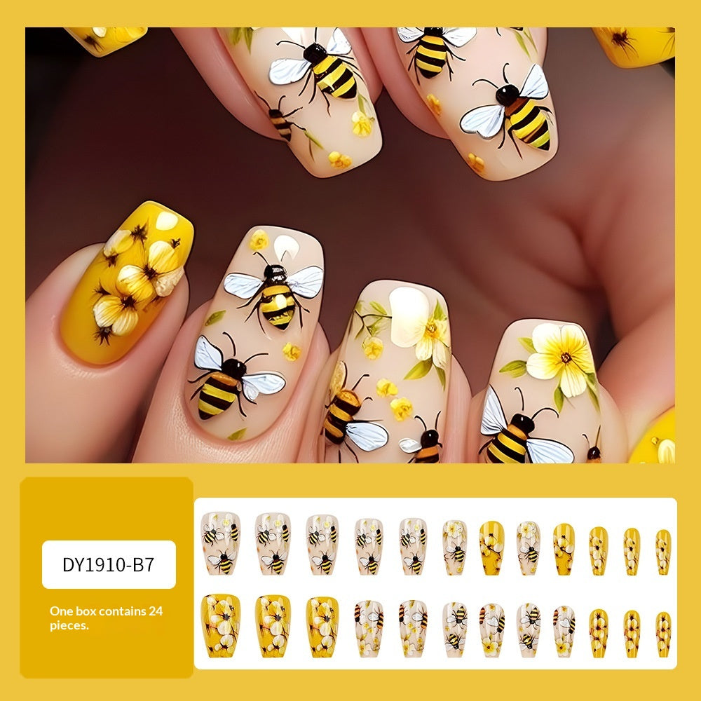 24 Pieces Coffin Fake Nails with Simple Flower and Bee Patterns. Suitable for Nai