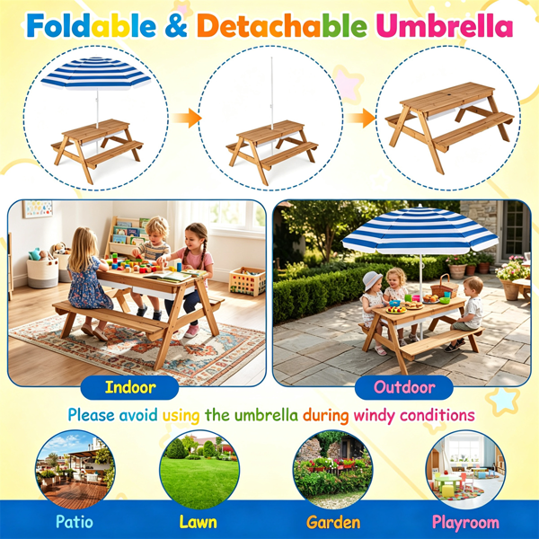 3-en-1 Table de pique-nique pour enfants avec parapluie réglable