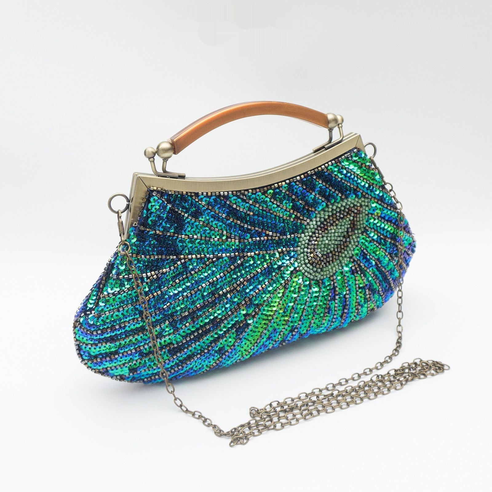 Peacock-feather Perle artisanal vintage sac de soirée