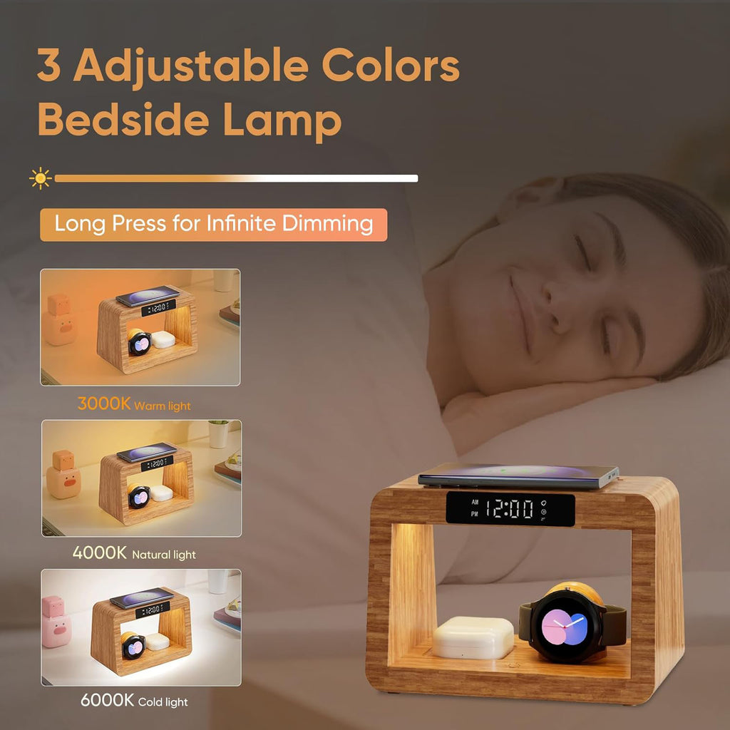 Chargeur multifonctionnel de lampe de table Bamboo réveil sans fil