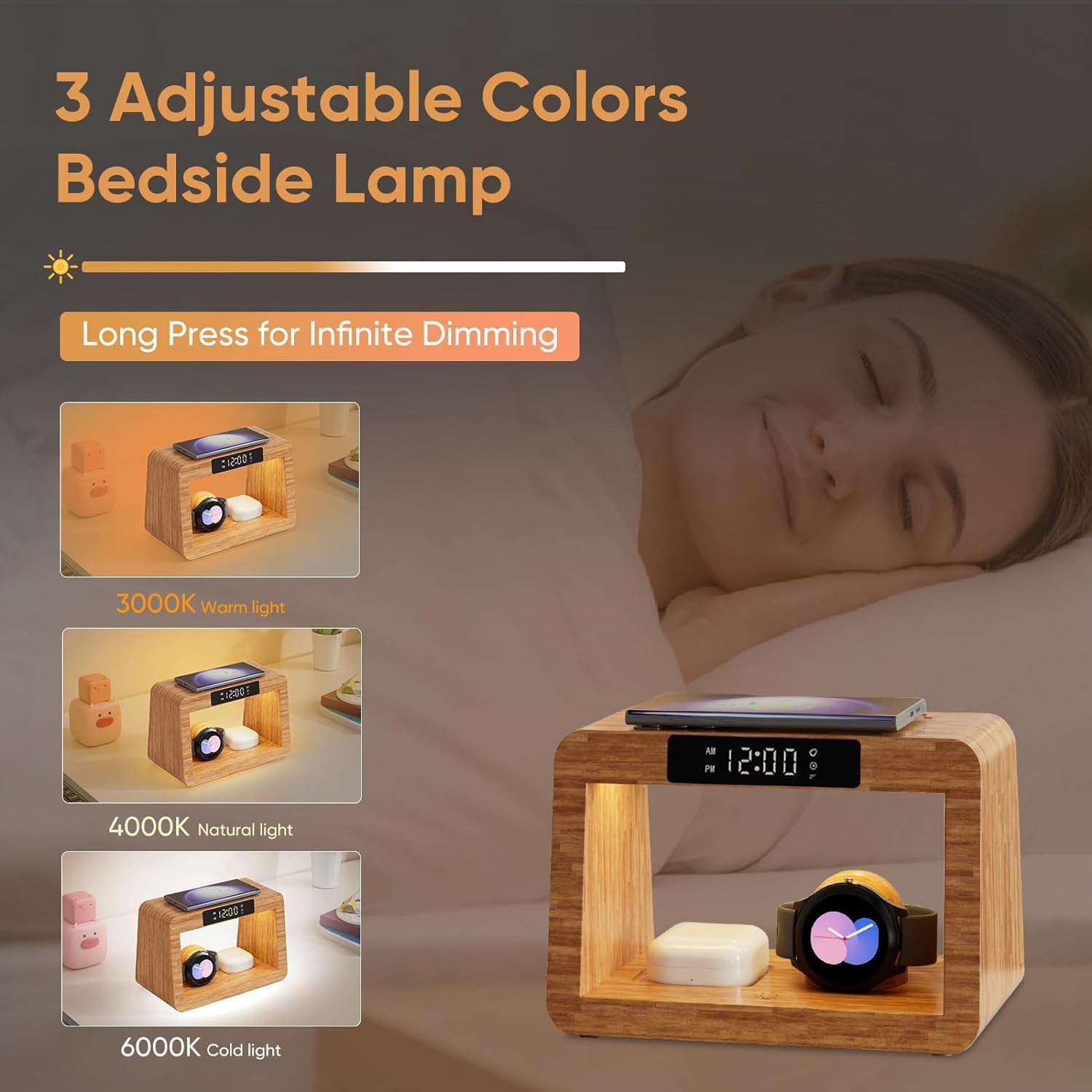 Chargeur multifonctionnel de lampe de table Bamboo réveil sans fil