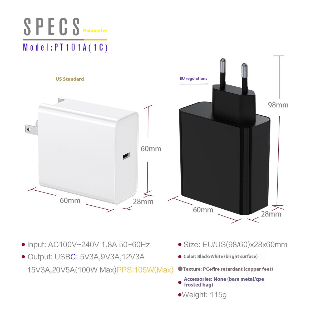 Pd100W W Gallium Nitride European Standard Adaptateur monoport Caméra Équipement d'ordinateur F