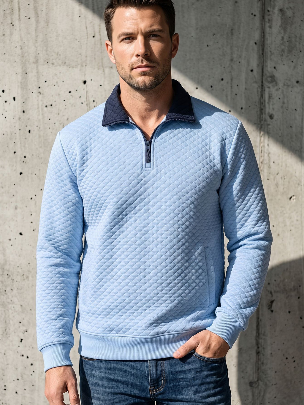 Men's Diamond-Check Half-Zip Stand-Collar Long-Sleeve Sweatshirt