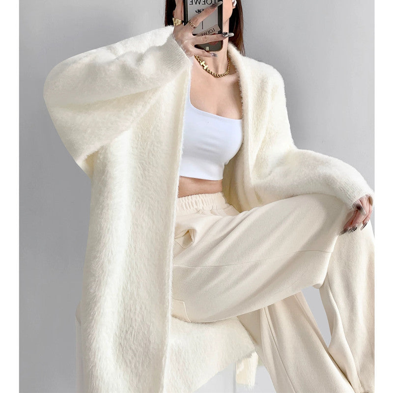 Épaisseur Mink-faux fourrure sur la cheville Long tricot Cardigan manteau