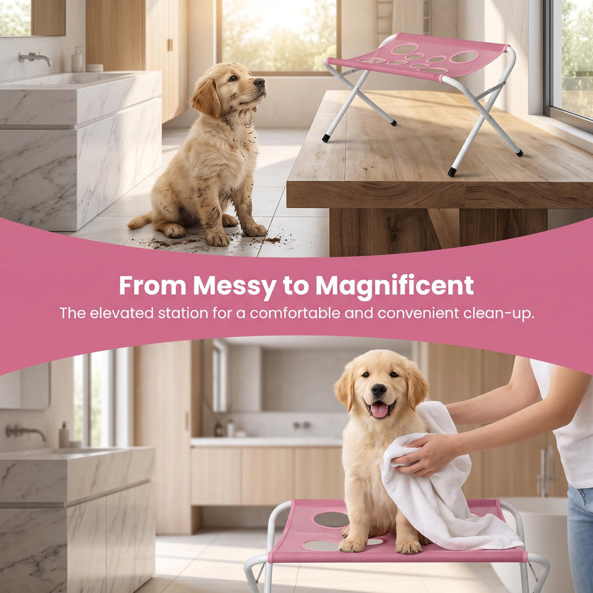 Foldable Dog Grooming Tub with Mesh Surface, Pink