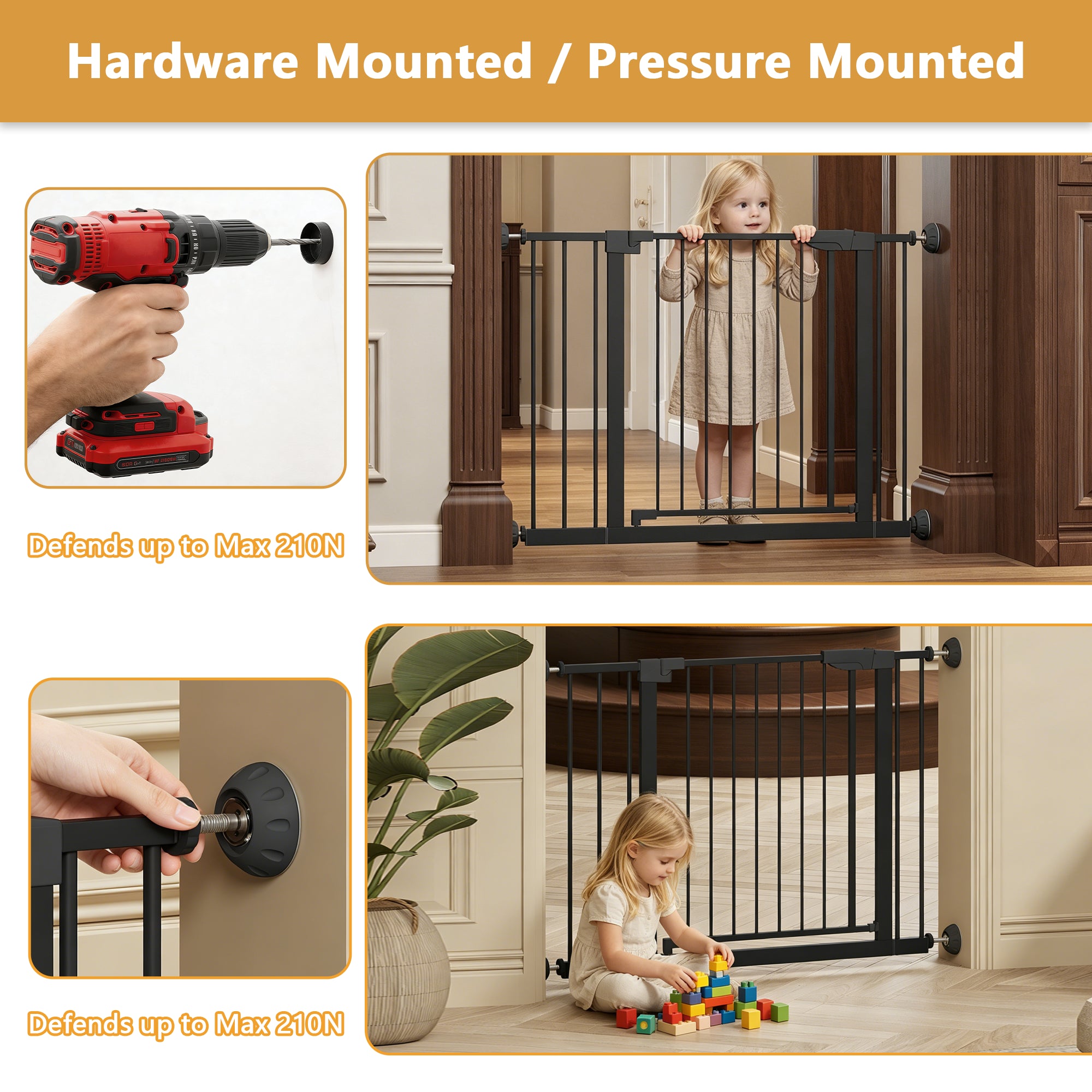 29,5-45,3" Wide Baby Gate avec protecteur mural pour escaliers
