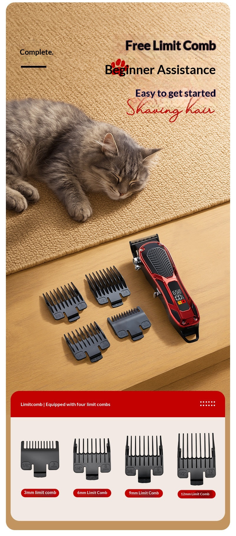 Clipper professionnel haute puissance à faible bruit pour animaux avec affichage de batterie