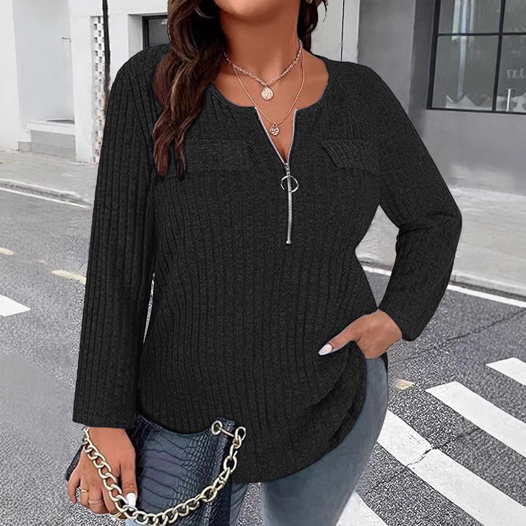 T-shirt casual femme à manches longues col en V