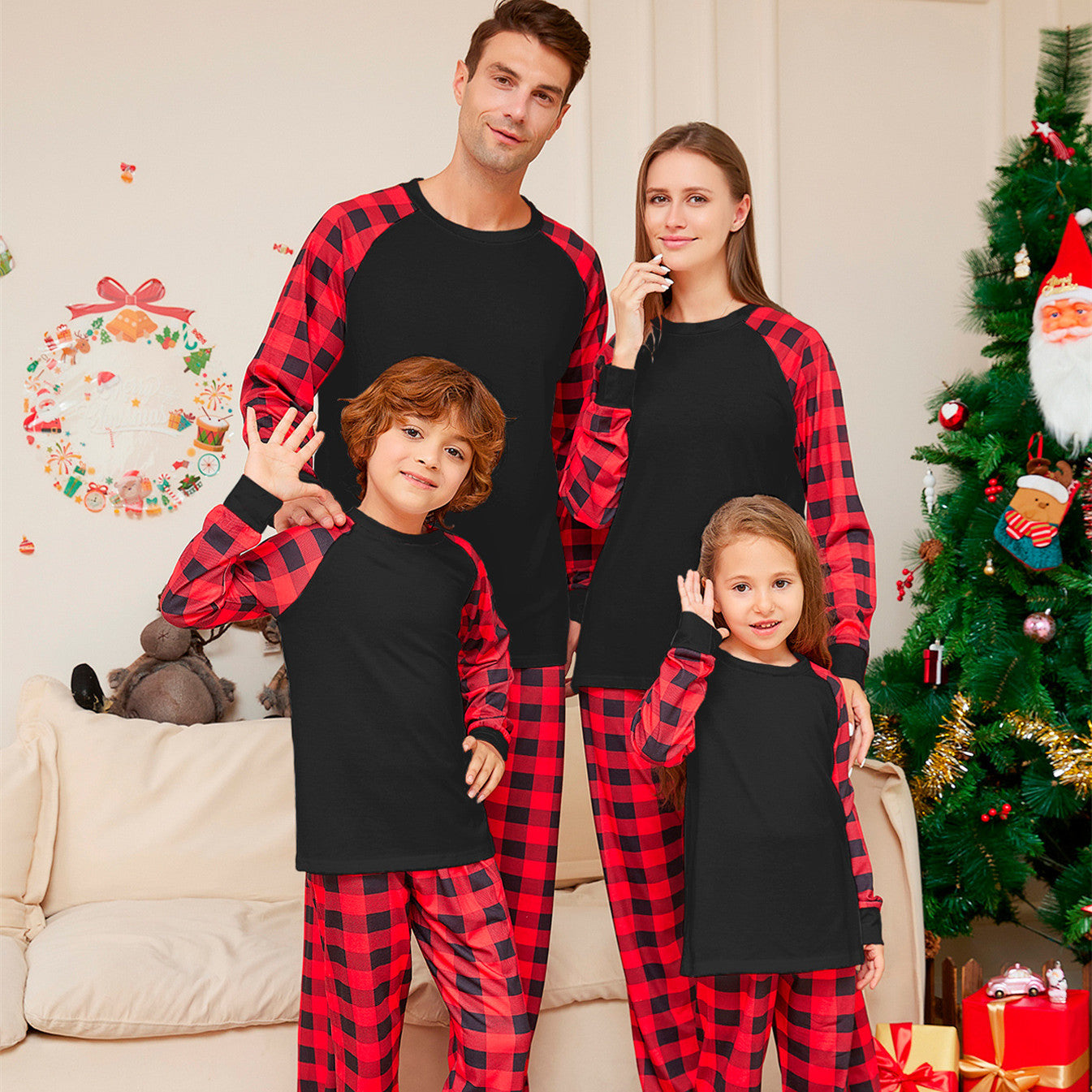 Ensemble de pyjamas imprimés en Plaid de couleur solide de Noël de mode pour femmes