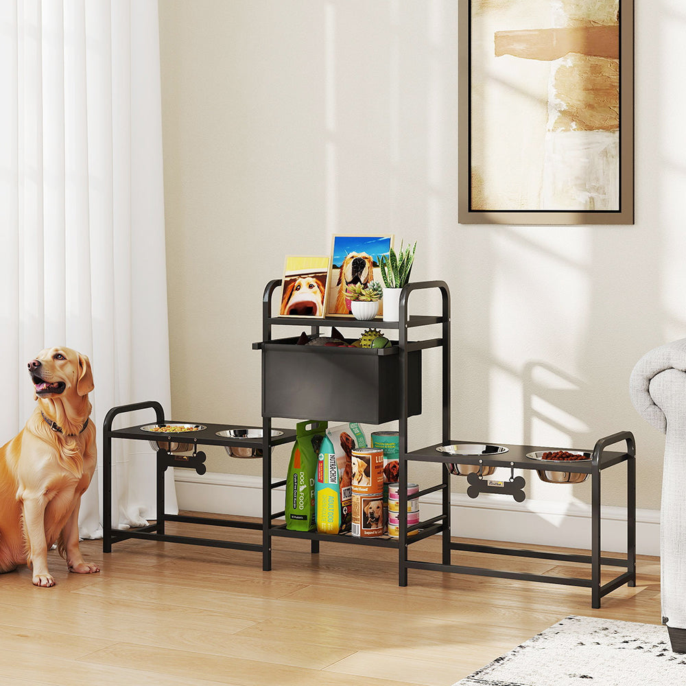3-Height Adjustable Dog Bowl Stand, Oxford Cloth with Four Bowls