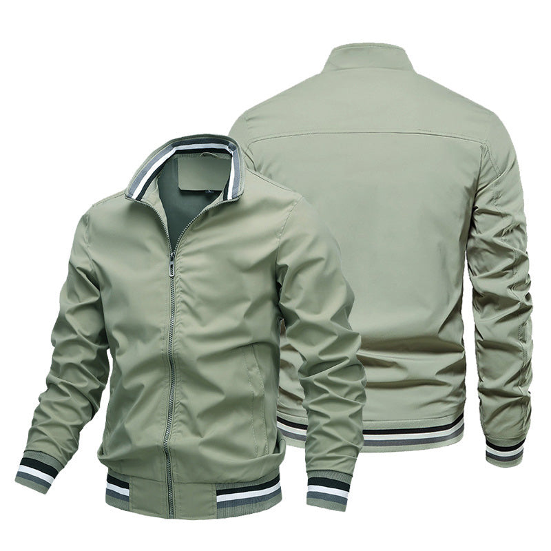 Hommes Striped Rib Stand Collar Bomber Jacket Solid Black Zip Up Lightweight Windbreaker Stri