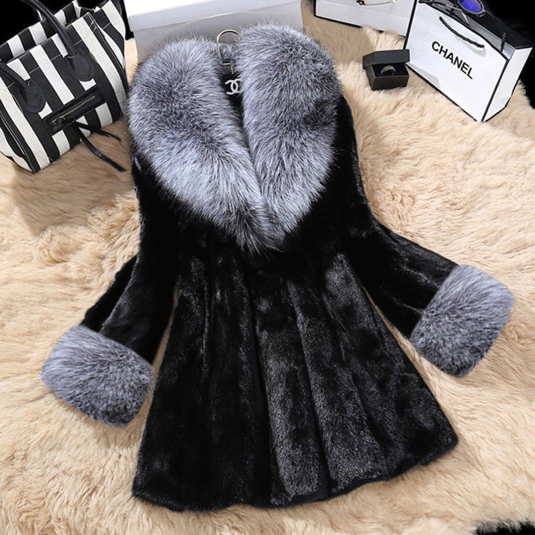 Femmes Faux Argent Collier de fourrure de renard Faux Mink Fur Coat