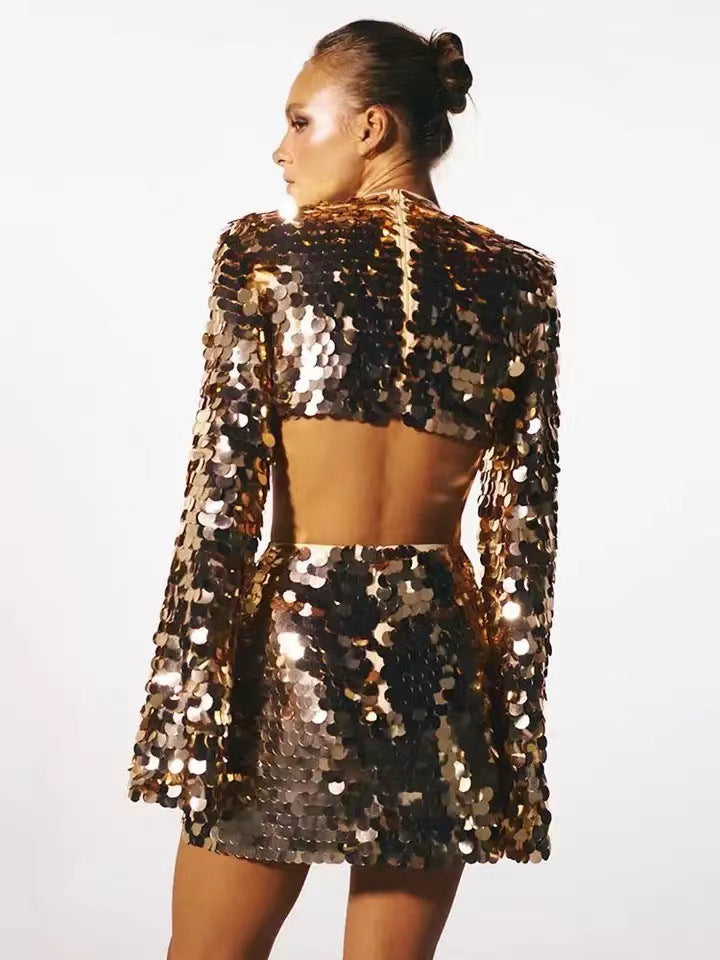 Douce et épicée manches longues femmes Col rond Sexy Grande robe de soirée à paillettes