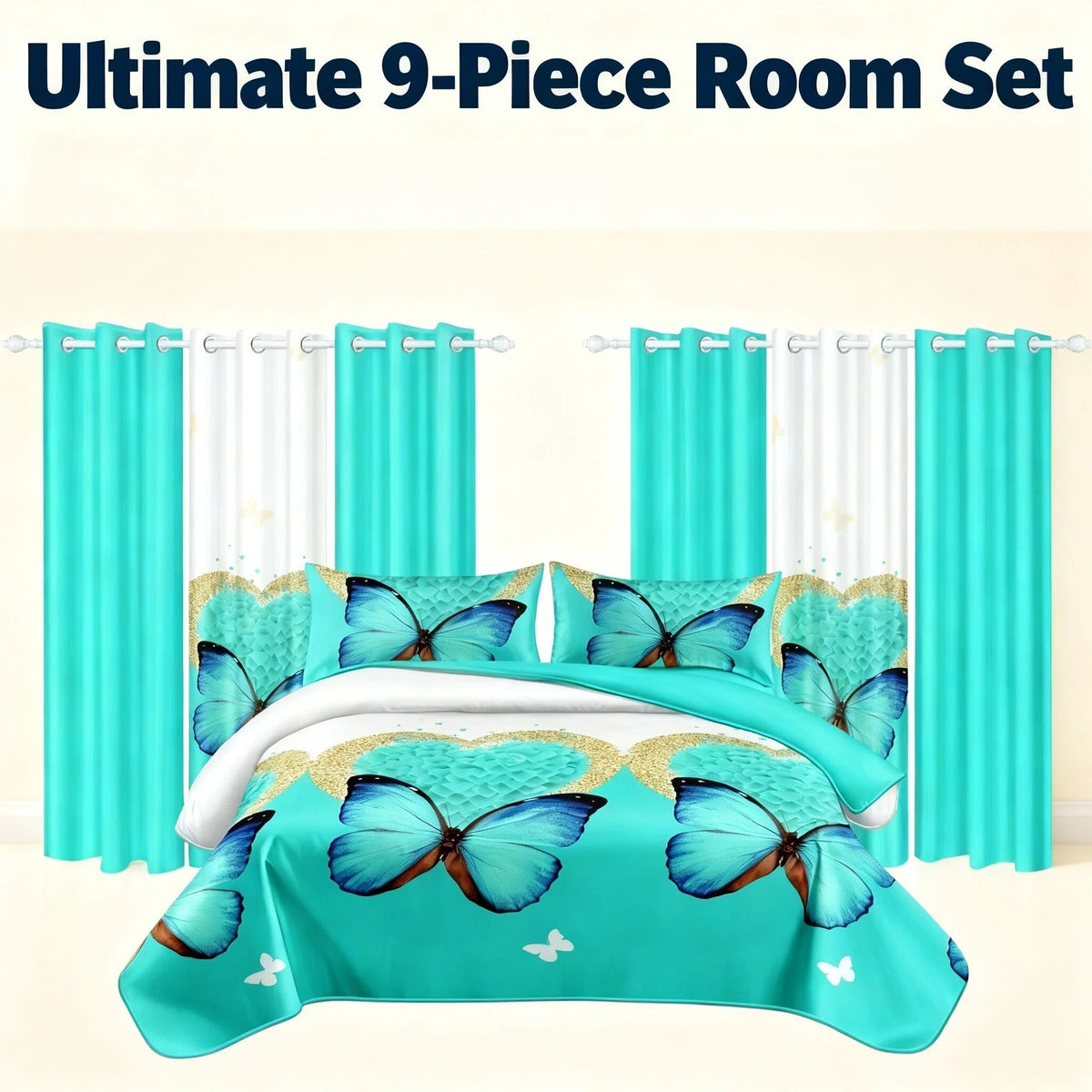 Couche de lit et rideau vert 9 pièces