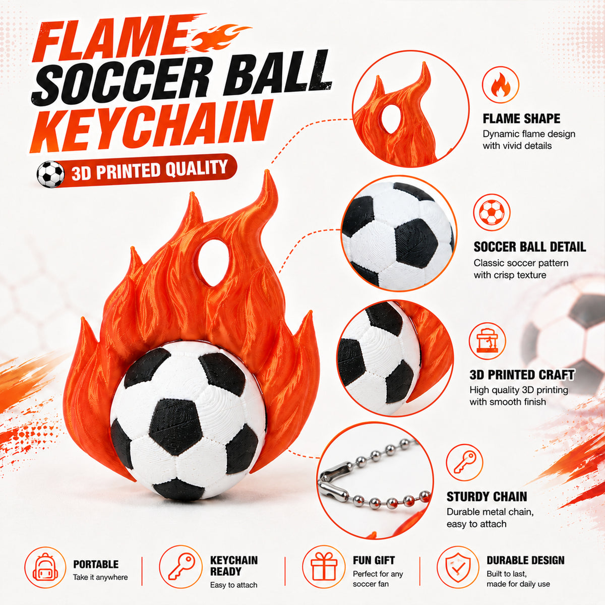 3D imprimé Flame Soccer Ball Porte-clés Sac à dos sport Pendentif