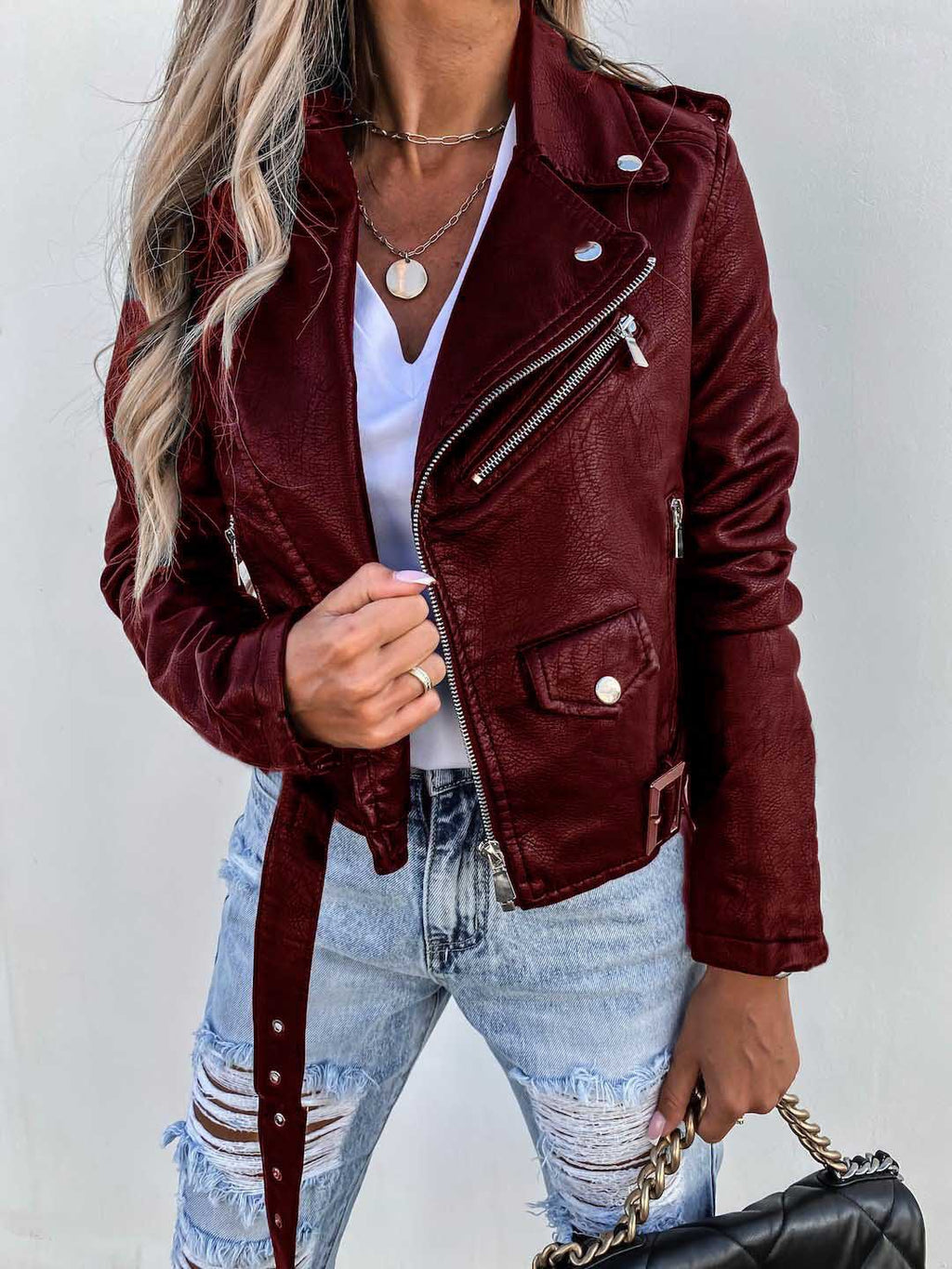Veste Top PU en cuir zipper court
