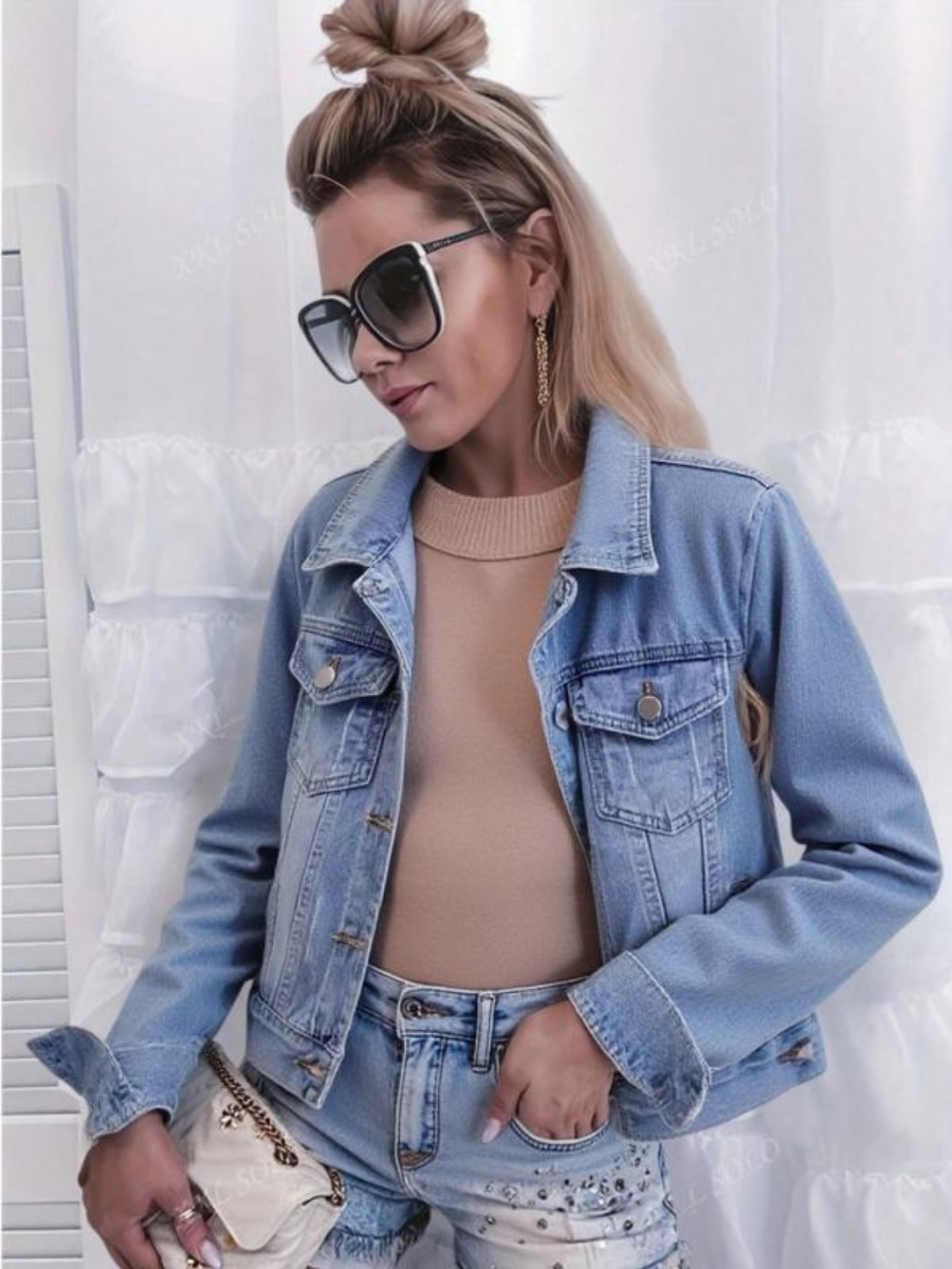 Veste Denim Bleu Femme Classique Lavé Jean Veste Casual Bouton Up Trucker Oute