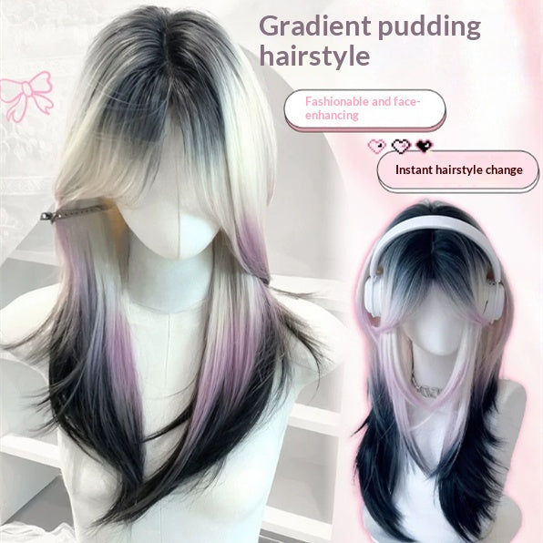 Femme Long Wavy Perruque en rose et noir avec poodle style bangs et une partie moyenne