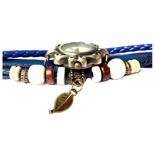 Beau style bohème rétro en cuir fait main Leaf Femmes Montres Bleu