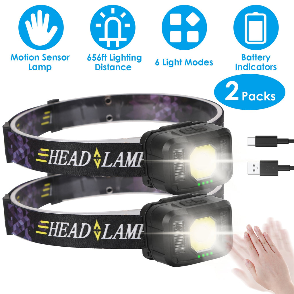 2Packs Capteur de mouvement rechargeable phare 6 modes de lumière COB XPG phare phare flashligigh
