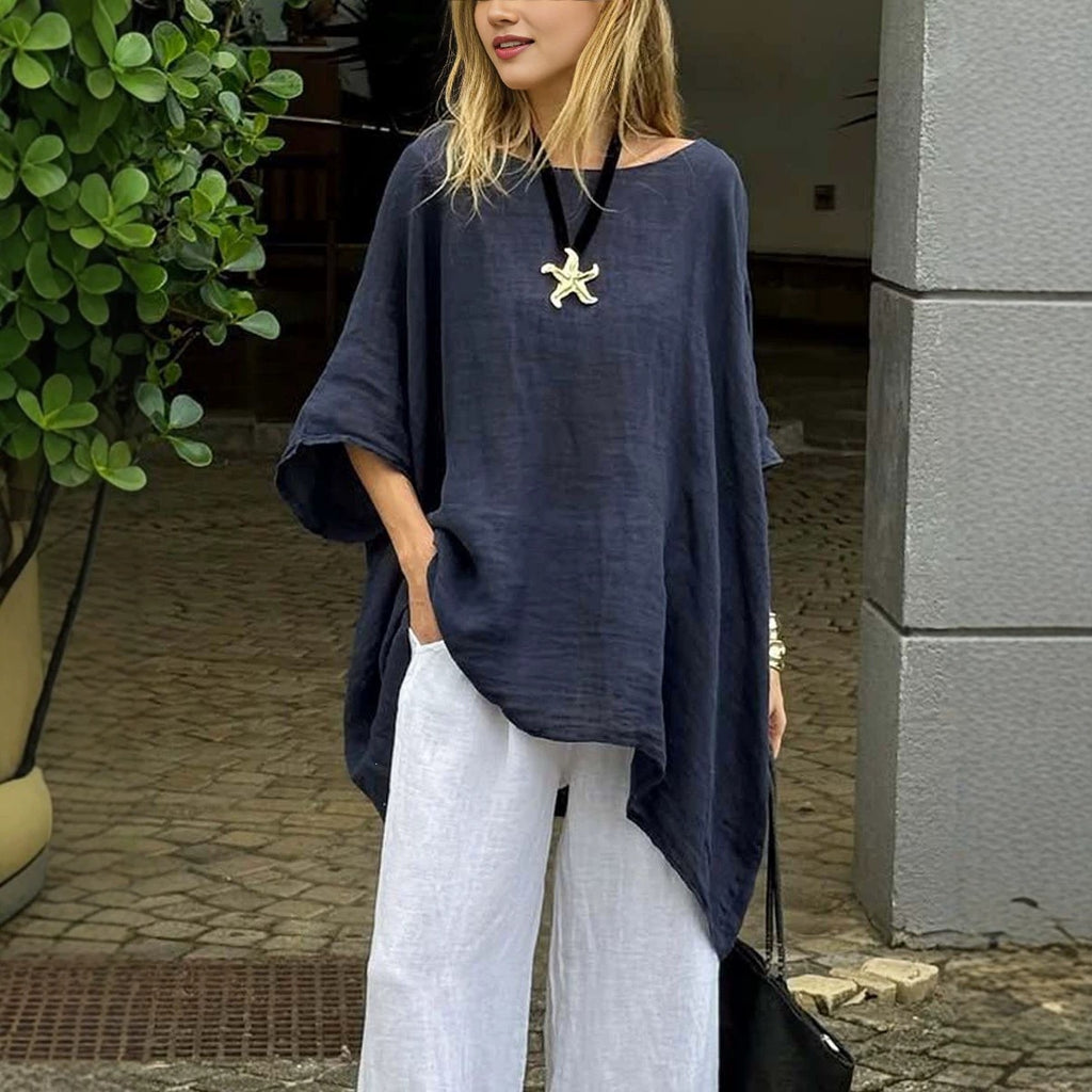 European and American Women's Clothing Summer Amazon Solid Color Loose Round Neck Cotton-l