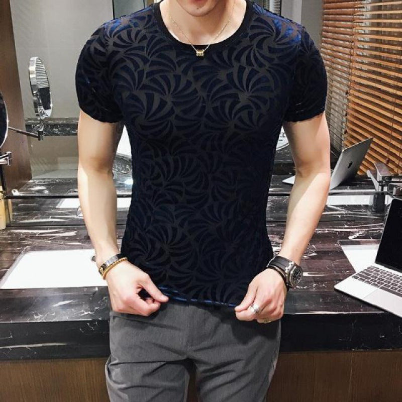 T-shirt en soie de glace en velours d'or pour homme Respirant manches courtes à col rond